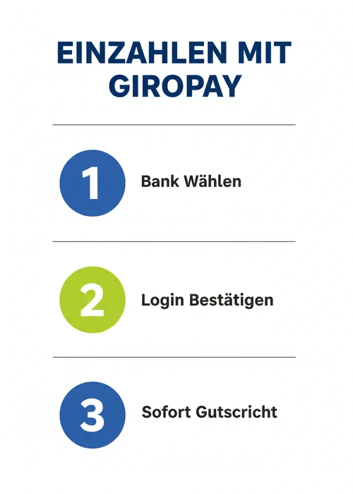 Einzahlen mit Giropay im Casino: Bank wählen, Login bestätigen und sofortige Gutschrift erhalten in drei Schritten.