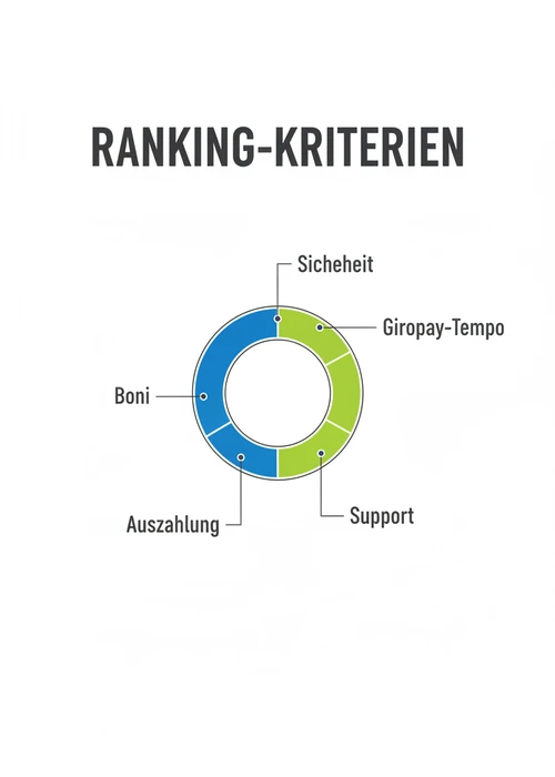 Ranking-Kriterien der Top 10 Giropay-Casinos: Sicherheit, Giropay-Tempo, Boni, Auszahlung und Support.